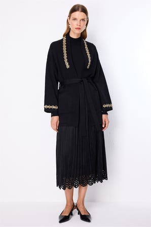 On Kadın Beli Kuşaklı Taşlı Triko Hırka 10903 Siyah