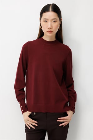 On Kadın Sıfır Yaka Basic Triko Kazak 10315 Bordo