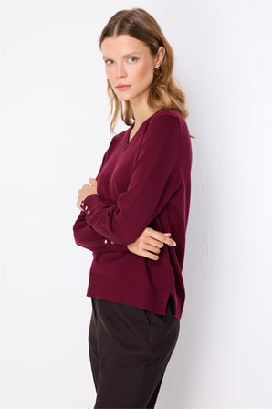 On Kadın V Yaka Basic Triko Kazak 10316 Bordo
