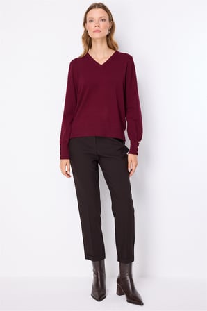 On Kadın V Yaka Basic Triko Kazak 10316 Bordo