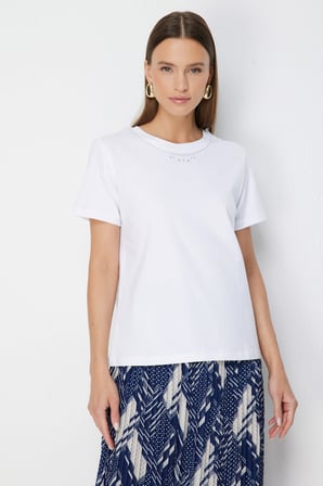 On Kadın Yakası Taşlı Pamuklu T-Shirt 71345 Beyaz