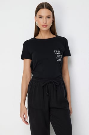 On Kadın Yazı Detaylı Sıfır Yaka Pamuklu T-Shirt 71464 Siyah