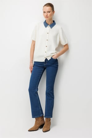 On Kadın Denim Detaylı Kısa Kollu Triko Hırka 10509 Ekru