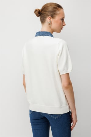 On Kadın Denim Detaylı Kısa Kollu Triko Hırka 10509 Ekru