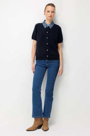 On Kadın Denim Detaylı Kısa Kollu Triko Hırka 10509 Lacivert
