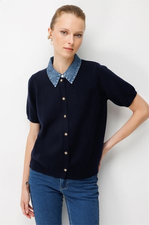 On Kadın Denim Detaylı Kısa Kollu Triko Hırka 10509 Lacivert