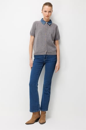 On Kadın Denim Detaylı Kısa Kollu Triko Hırka 10509 Gri
