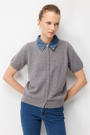 On Kadın Denim Detaylı Kısa Kollu Triko Hırka 10509 Gri