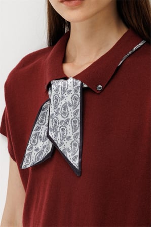 On Kadın Yakası Fularlı Kısa Kollu Triko Kazak 10336 Bordo