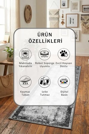 Petenka Gri Yıkanabilir Kaymaz Taban Dijital Baskılı Yolluk Halı