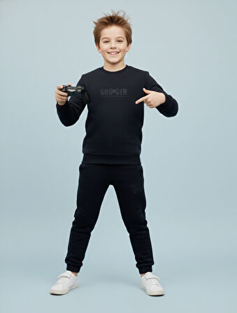 3 İplik Çocuk Şardonlu Kabartmalı Baskı Siyah Kombin 3