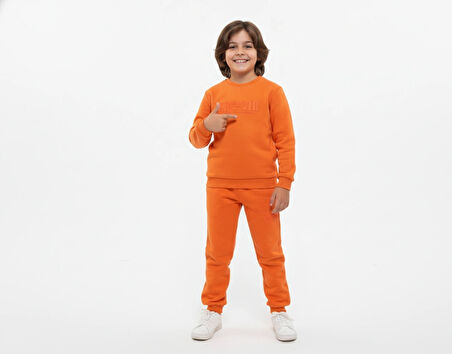 3 İplik Çocuk Şardonlu Kabartmalı Baskı Turuncu Kombin 2