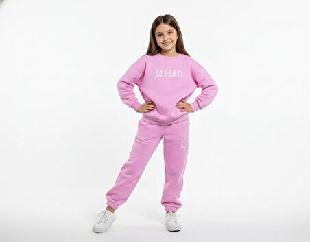 3 İplik Çocuk Şardonlu Kabartmalı Baskı Pembe Kombin 4