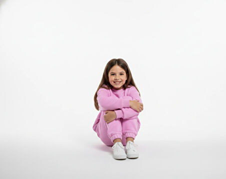 3 İplik Çocuk Şardonlu Kabartmalı Baskı Pembe Kombin 4