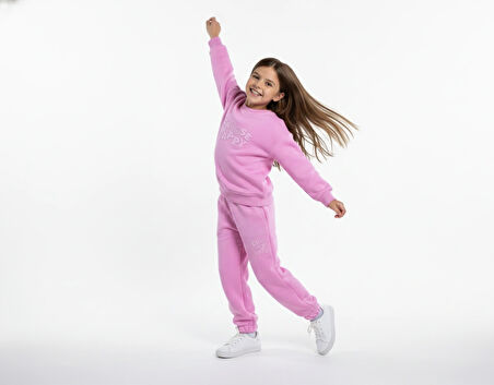 3 İplik Garson Şardonlu Kabartmalı Baskı Pembe Kombin 1