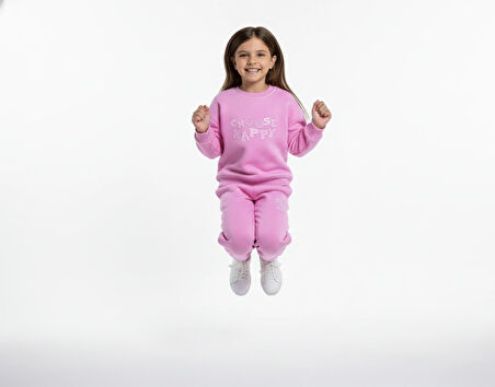 3 İplik Garson Şardonlu Kabartmalı Baskı Pembe Kombin 1