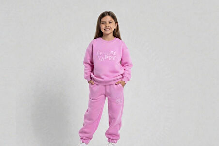 3 İplik Garson Şardonlu Kabartmalı Baskı Pembe Kombin 1