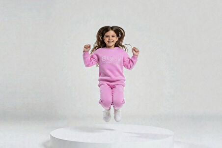 3 İplik Garson Şardonlu Kabartmalı Baskı Pembe Kombin 2