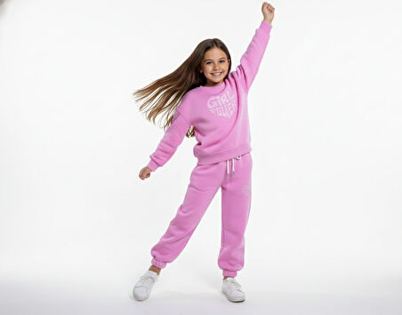 3 İplik Garson Şardonlu Kabartmalı Baskı Pembe Kombin 3