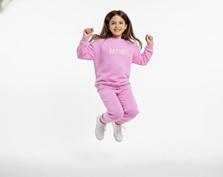 3 İplik Garson Şardonlu Kabartmalı Baskı Pembe Kombin 4