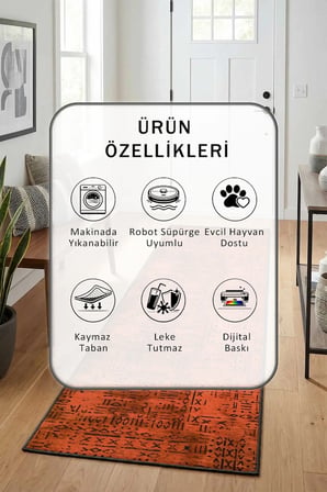 Yıkanabilir Yolluk Halı Kaymaz Taban Salon Mutfak Kırmızı