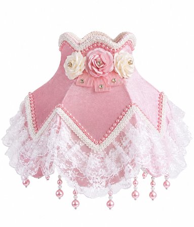 Pembe Kadife Kaplı Beyaz Dantelli El Yapımı Çiçek Dekorlu Abajur Şapkası 27x25cm