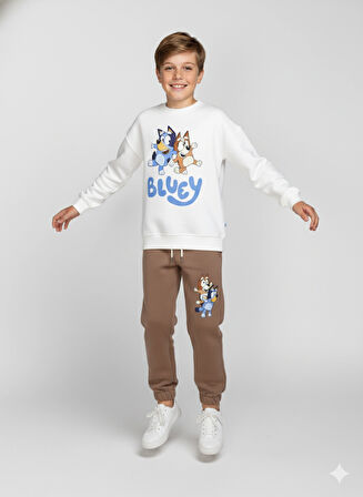 3 İplik Çocuk Eşofman Takımı Krem Kahve Kombin