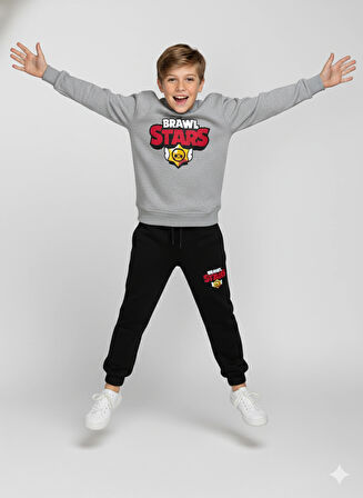 3 İplik Çocuk Eşofman Takımı  Gri Siyah Kombin