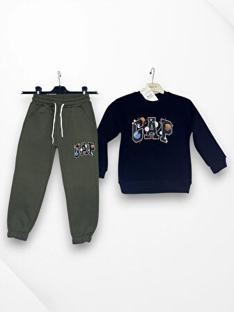 3 İplik Çocuk Eşofman Takımı Siyah Haki Yeşil Kombin