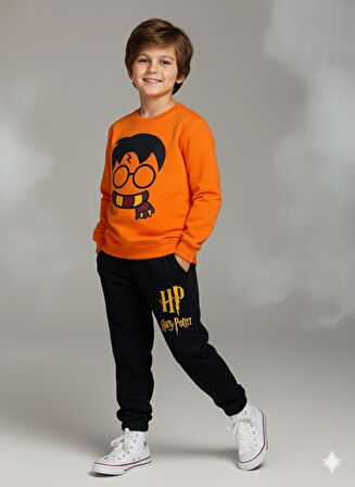 3 İplik Çocuk Eşofman Takımı Turuncu Siyah Kombin