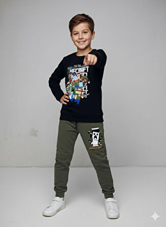 3 İplik Çocuk Eşofman Takımı Turuncu Siyah Kombin 2