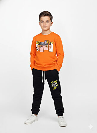 3 İplik Çocuk Eşofman Takımı Turuncu Siyah Kombin 3