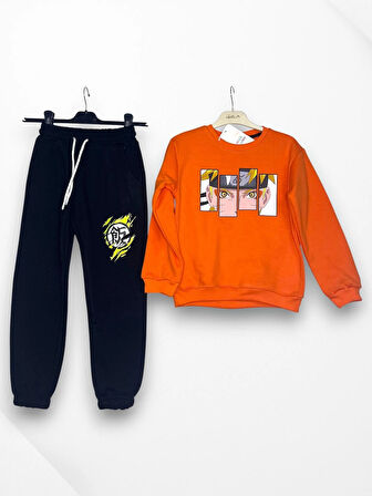 3 İplik Çocuk Eşofman Takımı Turuncu Siyah Kombin 3