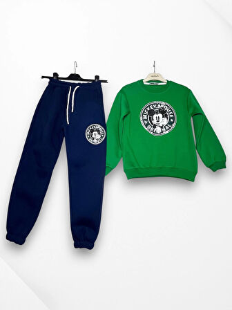 3 İplik Çocuk Eşofman Takımı Siyah Yeşil Kombin
