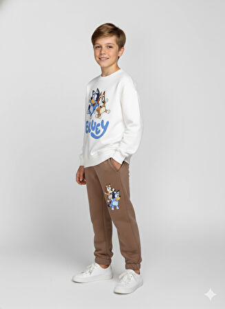 3 İplik Garson Eşofman Takımı Krem Kahve Kombin