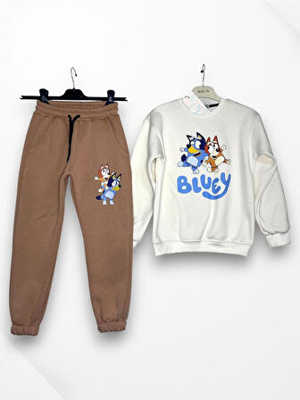 3 İplik Garson Eşofman Takımı Krem Kahve Kombin