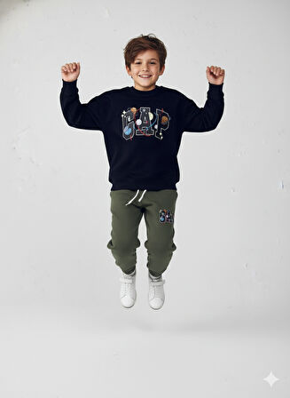 3 İplik Garson Eşofman Takımı Siyah Haki Yeşil Kombin