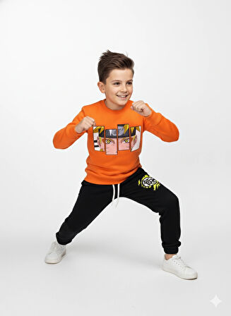 3 İplik Garson Eşofman Takımı Turuncu Siyah Kombin 3