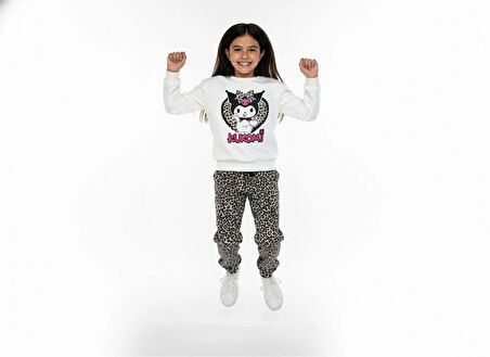 2 İplik  Çocuk Eşofman Takımı Krem Leopar Kombin