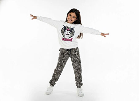 2 İplik  Çocuk Eşofman Takımı Krem Leopar Kombin