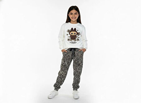 2 İplik  Çocuk Eşofman Takımı Krem Leopar Kombin 2