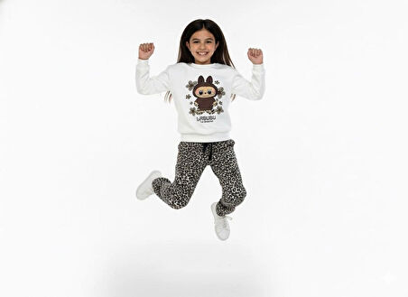 2 İplik  Çocuk Eşofman Takımı Krem Leopar Kombin 2