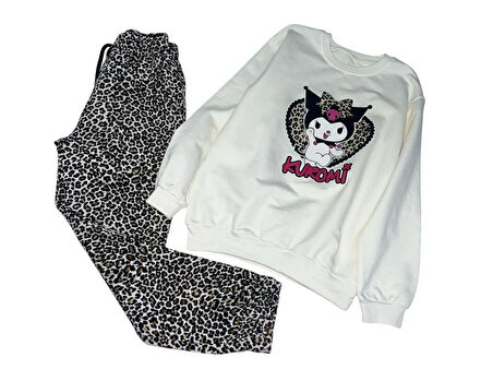 2 İplik  Garson Eşofman Takımı Krem Leopar Kombin