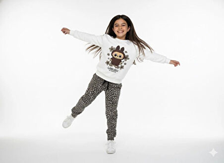 2 İplik Garson Eşofman Takımı Krem Leopar Kombin 2