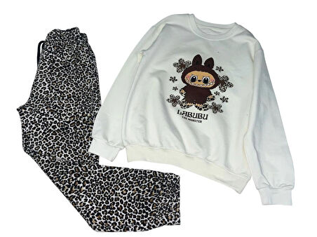 2 İplik Garson Eşofman Takımı Krem Leopar Kombin 2