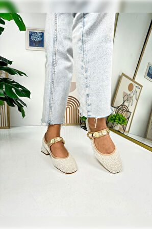 Günlük Babet İnci Bantlı Topuklu Ayarlanabilir Tokalı Oval Burunlu Hafif Rahat Ayakkabı 381