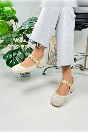 Günlük Babet İnci Bantlı Topuklu Ayarlanabilir Tokalı Oval Burunlu Hafif Rahat Ayakkabı 381