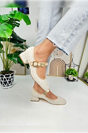 Günlük Babet İnci Bantlı Topuklu Ayarlanabilir Tokalı Oval Burunlu Hafif Rahat Ayakkabı 381