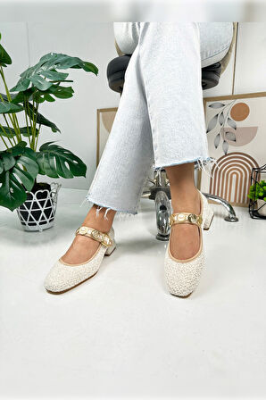 Günlük Babet İnci Bantlı Topuklu Ayarlanabilir Tokalı Oval Burunlu Hafif Rahat Ayakkabı 381