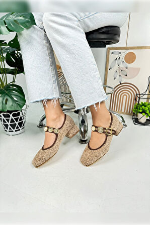 Günlük Babet İnci Bantlı Topuklu Ayarlanabilir Tokalı Oval Burunlu Hafif Rahat Ayakkabı 381